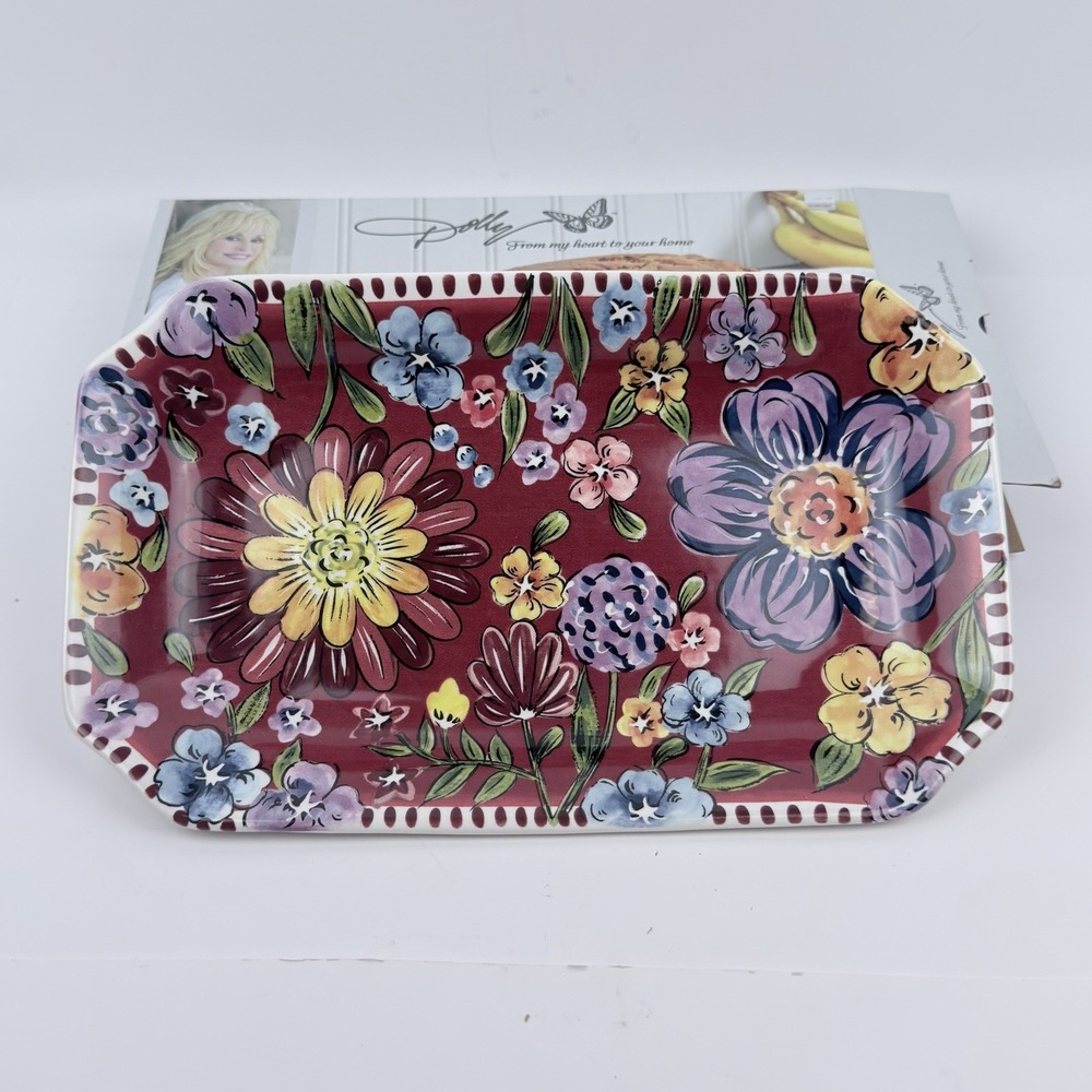 Dolly Parton Astoria Red Floral Ceramic Rectangular Serving Platter 11.625in